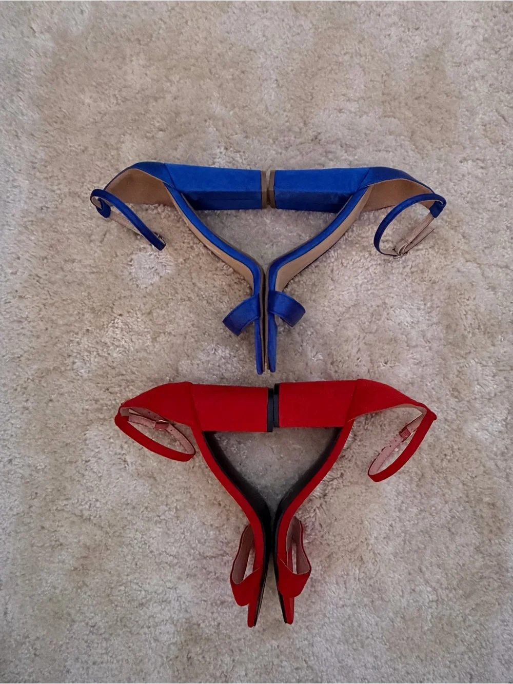 Wild Diva Open-Toe Ankle Strap Heels in Red and Blue